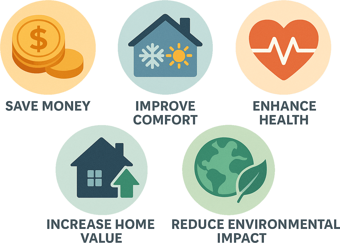Five circular icons with symbols representing saving money, improving comfort, enhancing health, increasing home value, and reducing environmental impact, each labeled accordingly.